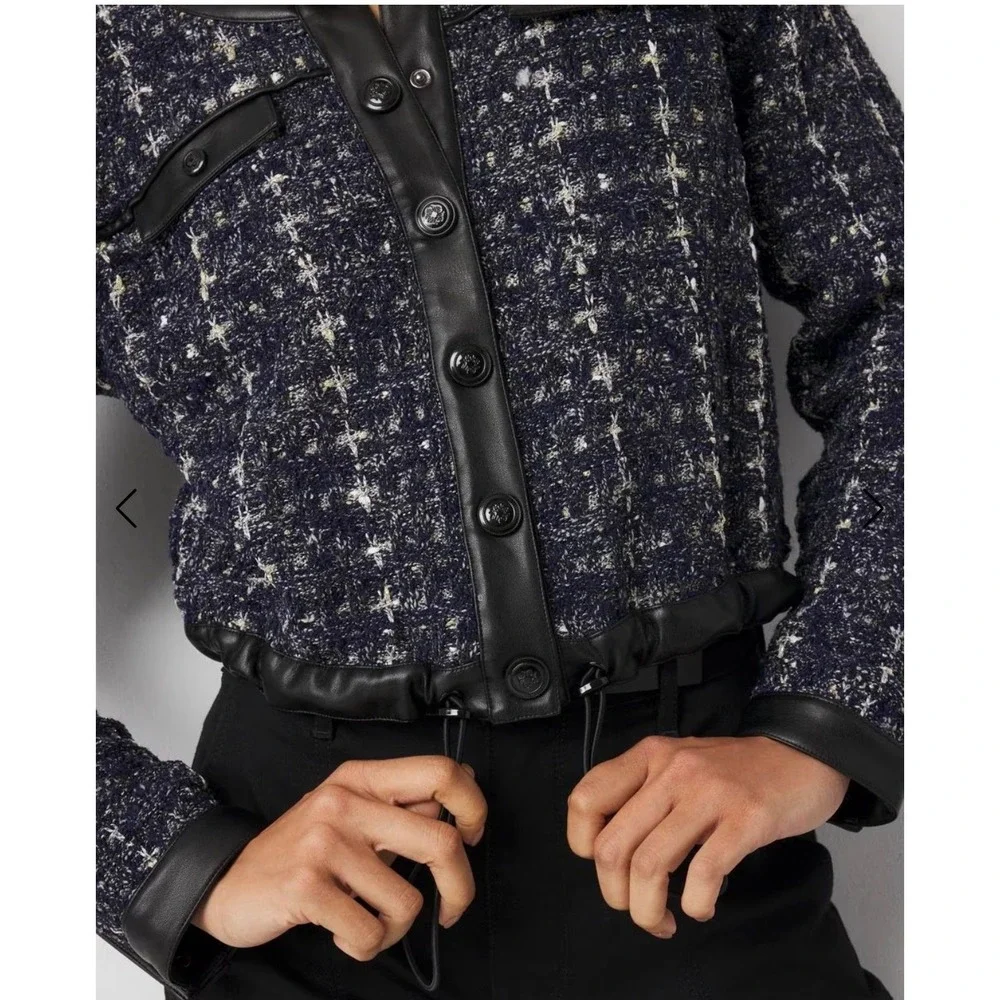 White House Black Market Cropped Tweed Sweater Jacket Small Edgy‎ Chic Academia